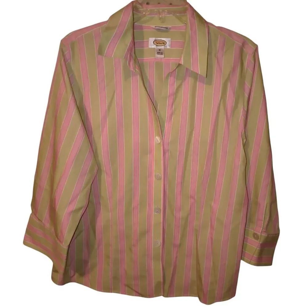 Talbots Woman’s Plus Wrinkle Resistant Pink & Green Striped Blouse Size 16 100%